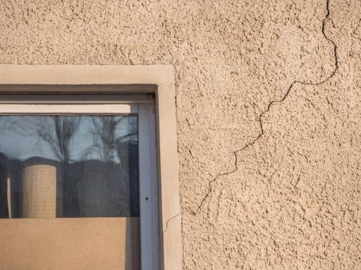 Fensterrahmen an einer Wand mit Riss, im Hintergrund sind Bäume zu sehen.